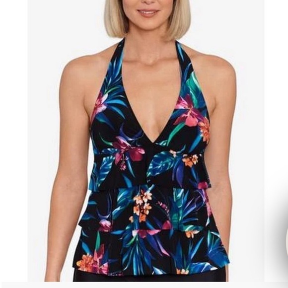 SWIM SOLUTIONS WOMENS PRINTED TIERED HALTER TANKINI TOP swimwear, New 10 - Picture 1 of 13